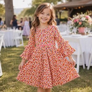 Orchestra Girls Size 10 140cm Orange Pink Floral‎ Bell Sleeve Ruffle Dress Boho